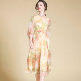 Damen Elegante Blumen Seiden Midi Kleid mit durchsichtigen Ärmeln Lange Seidenkleider